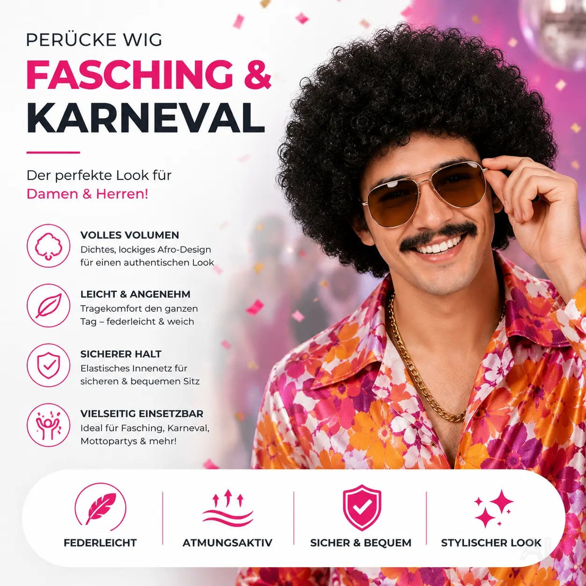 Afro Lockenkopf Perücke Wig (Schwarz) – Vokuhila Kostüm zu Retro neon 80er 90er Outfit – Detailansicht 2