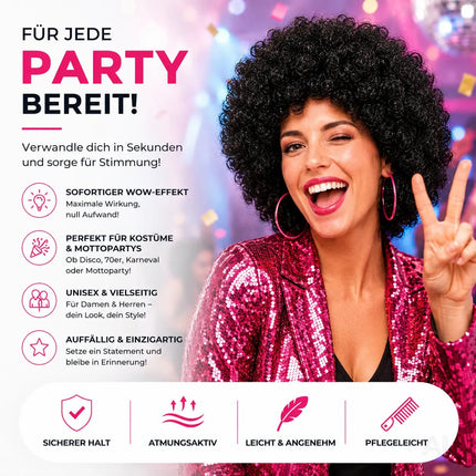 Afro Lockenkopf Perücke Wig (Schwarz) – Vokuhila Kostüm zu Retro neon 80er 90er Outfit – Detailansicht 3
