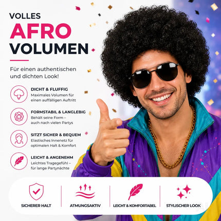 Afro Lockenkopf Perücke Wig (Schwarz) – Vokuhila Kostüm zu Retro neon 80er 90er Outfit – Detailansicht 4