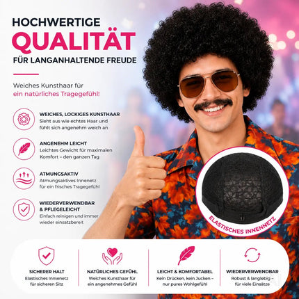 Afro Lockenkopf Perücke Wig (Schwarz) – Vokuhila Kostüm zu Retro neon 80er 90er Outfit – Detailansicht 5