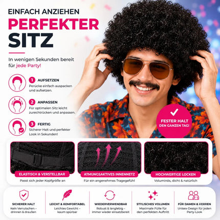 Afro Lockenkopf Perücke Wig (Schwarz) – Vokuhila Kostüm zu Retro neon 80er 90er Outfit – Detailansicht 7