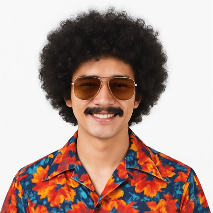 Afro Lockenkopf Perücke Wig (Schwarz) – Vokuhila Kostüm zu Retro neon 80er 90er Outfit