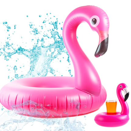Aufblasbar Flamingo Schwimmring - pink mit 1x Getränkehalter - Pool & Wasser - Luftmatratze für Pool für Kinder & Erwachsene