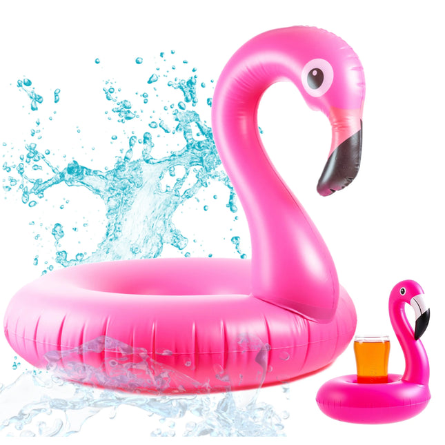 Aufblasbar Flamingo Schwimmring - pink mit 1x Getränkehalter - Pool & Wasser - Luftmatratze für Pool für Kinder & Erwachsene