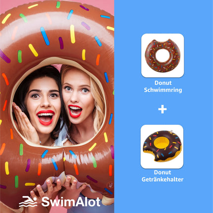 Aufblasbar angebissener Donut braun Ø 120 cm Schwimmring Donut Schwimmreifen mit Getränkehalter