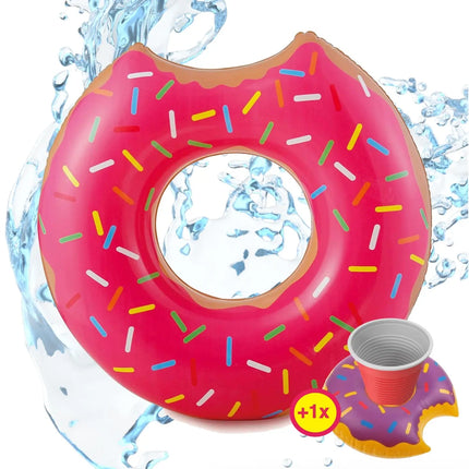 Aufblasbar angebissener Donut pink Ø 120 cm Schwimmring Donut Schwimmreifen mit Getränkehalter