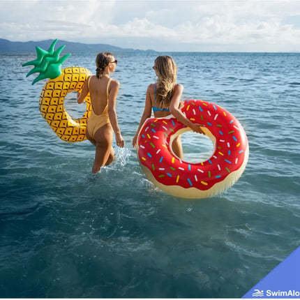 Aufblasbar angebissener Donut pink Ø 120 cm Schwimmring Donut Schwimmreifen mit Getränkehalter