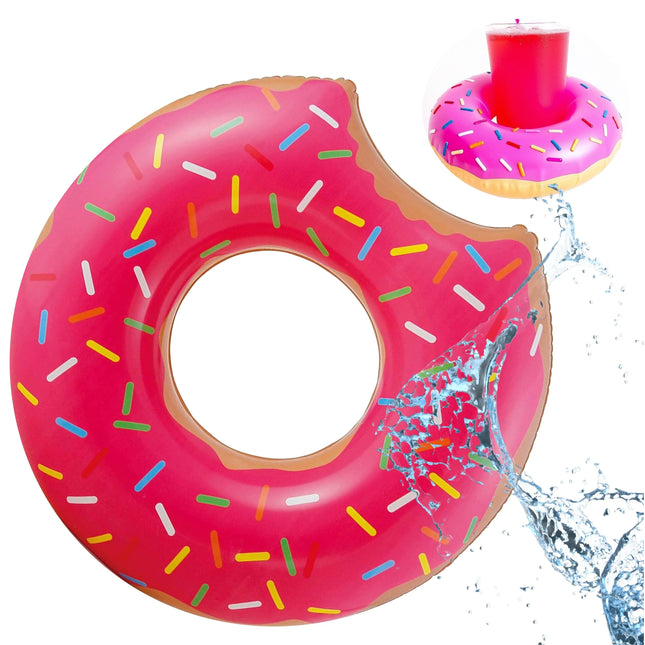Aufblasbar angebissener Donut pink Ø 120 cm Schwimmring Donut Schwimmreifen mit Getränkehalter