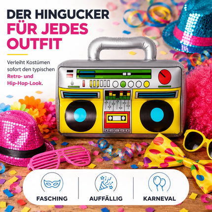 Aufblasbarer Ghettoblaster ca 45 x 42 cm – 80er 90er Hip Hop Radio Walkman – Fasching & Karneval – Outfit Party Accessoires Kostüm Bad Taste Assi Retro