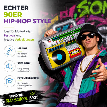 Aufblasbarer Ghettoblaster ca 45 x 42 cm – 80er 90er Hip Hop Radio Walkman – Fasching & Karneval – Outfit Party Accessoires Kostüm Bad Taste Assi Retro