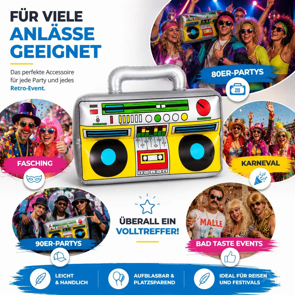 Aufblasbarer Ghettoblaster ca 45 x 42 cm – 80er 90er Hip Hop Radio Walkman – Fasching & Karneval – Detailansicht 6