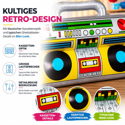 Aufblasbarer Ghettoblaster ca 45 x 42 cm – 80er 90er Hip Hop Radio Walkman – Fasching & Karneval – Outfit Party Accessoires Kostüm Bad Taste Assi Retro