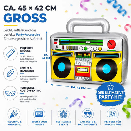 Aufblasbarer Ghettoblaster ca 45 x 42 cm – 80er 90er Hip Hop Radio Walkman – Fasching & Karneval – Outfit Party Accessoires Kostüm Bad Taste Assi Retro