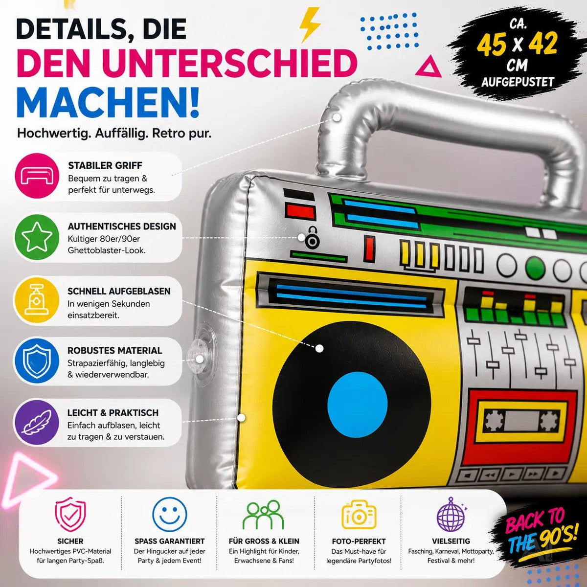 Aufblasbarer Ghettoblaster ca 45 x 42 cm – Hip Hop Radio Walkman – 80er 90er Fasching & Karneval – Detailansicht 3