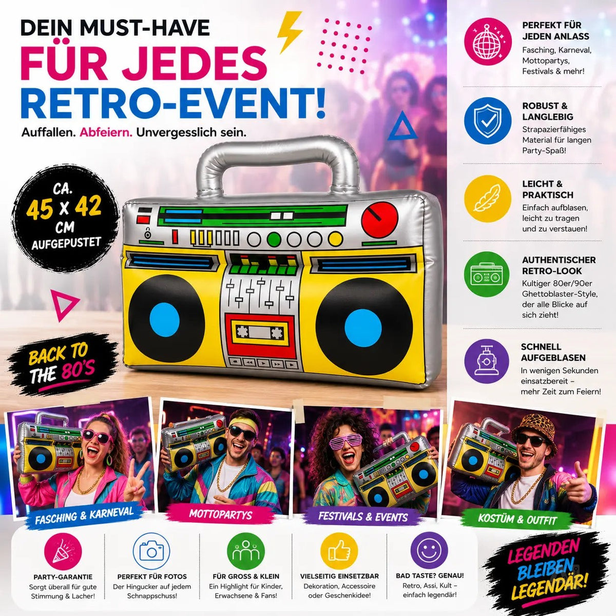 Aufblasbarer Ghettoblaster ca 45 x 42 cm – Hip Hop Radio Walkman – 80er 90er Fasching & Karneval – Detailansicht 6