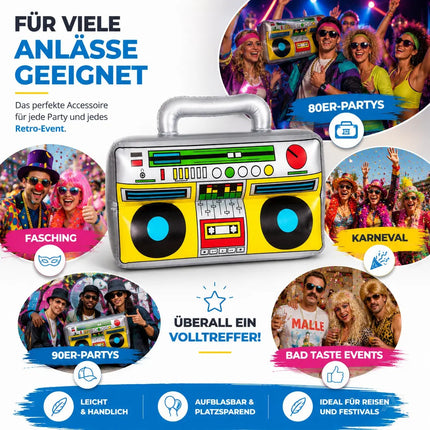 Aufblasbarer Retro Ghettoblaster ca 45 x 42 cm – Hip Hop Radio Walkman – 80er 90er Outfit Party Accessoires Kostüm – Fasching Karneval Bad Taste Assi