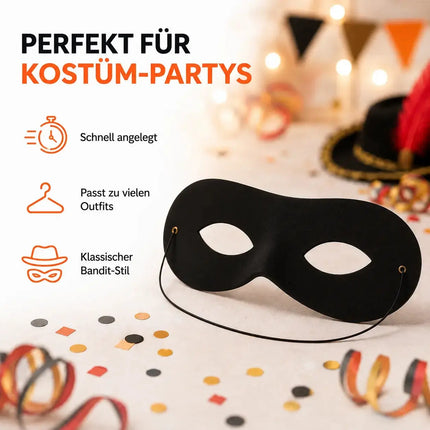 Augenmaske Bandit Zoro – schwarz wie Panzerknacker & Bankräuber – Einbrecher Maske für Kinder & Erwachsene an Fasching & Karneval