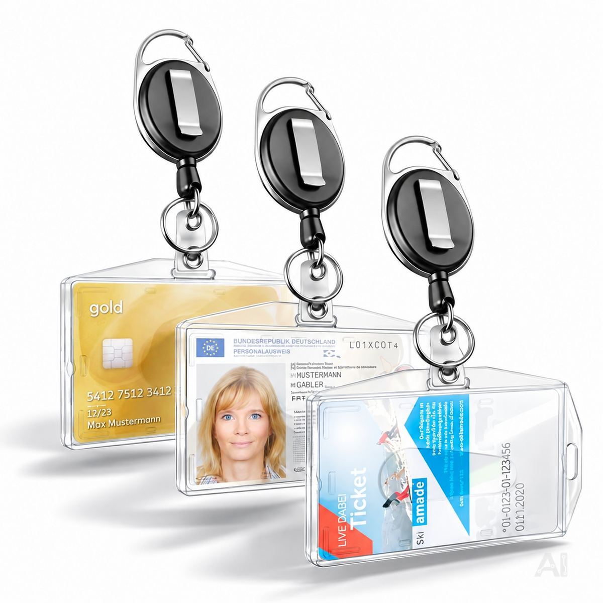 3x Premium Ausweishalter mit einziehbarer/ausziehbar Schlüsselanhänger - Ausweishülle