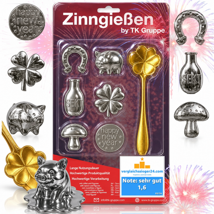 7er Zinngieß-Set Zinn gießen wie Bleigießen mit Löffel & Orakelheft - Gesellschaftsspiele
