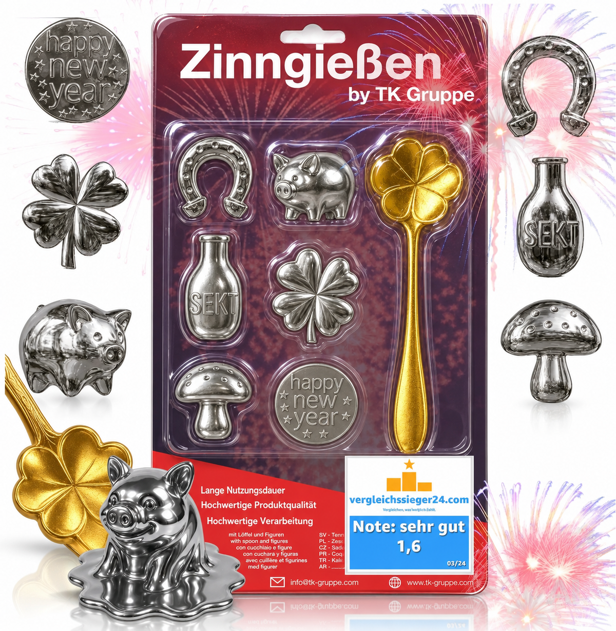 7er Zinngieß-Set Zinn gießen wie Bleigießen mit Löffel & Orakelheft - Gesellschaftsspiele