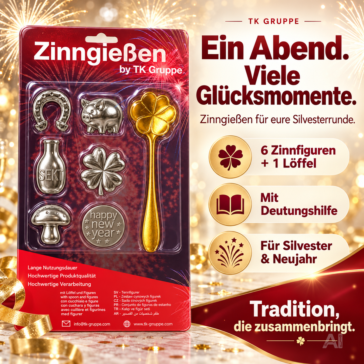 7er Zinngieß-Set Zinn gießen wie Bleigießen mit Löffel & Orakelheft - Gesellschaftsspiele