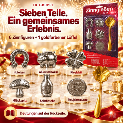 7er Zinngieß-Set Zinn gießen wie Bleigießen mit Löffel & Orakelheft - Gesellschaftsspiele