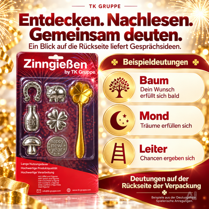 7er Zinngieß-Set Zinn gießen wie Bleigießen mit Löffel & Orakelheft - Gesellschaftsspiele