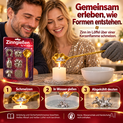 7er Zinngieß-Set Zinn gießen wie Bleigießen mit Löffel & Orakelheft - Gesellschaftsspiele
