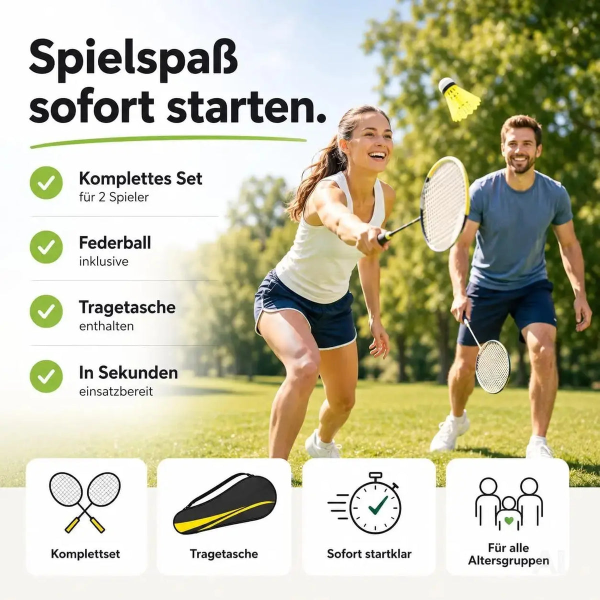 Badminton Set 2 Schläger - Erwachsene & Kinder mit Badmintonball & Schlägertasche – Freizeit Set – Detailansicht 2
