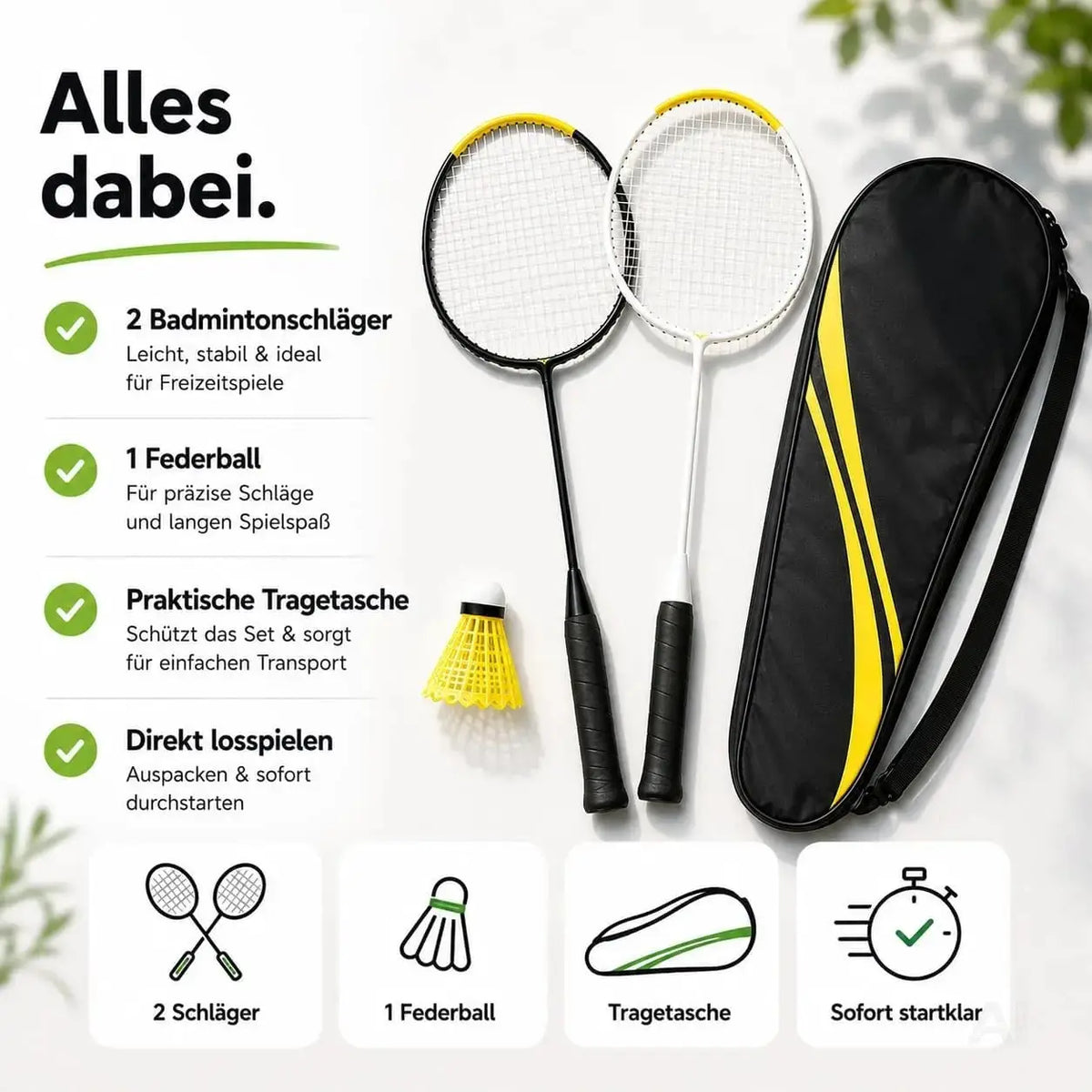 Badminton Set 2 Schläger - Erwachsene & Kinder mit Badmintonball & Schlägertasche – Freizeit Set – Detailansicht 3