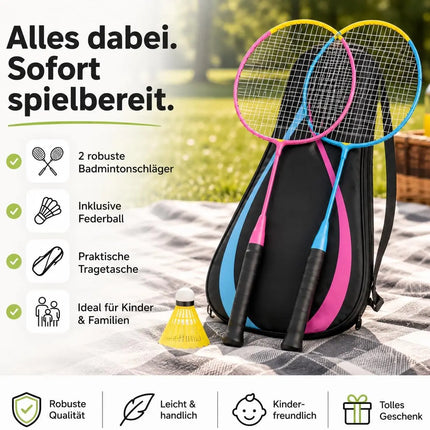 Badminton Set 2 Schläger - Erwachsene & Kinder mit Badmintonball & Schlägertasche – Freizeit Set für Garten & Strand (Kinder Set)