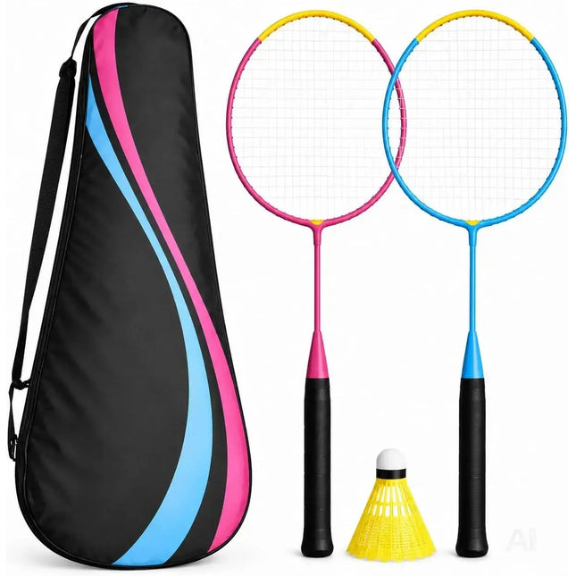 Badminton Set 2 Schläger - Erwachsene & Kinder mit Badmintonball & Schlägertasche – Freizeit Set