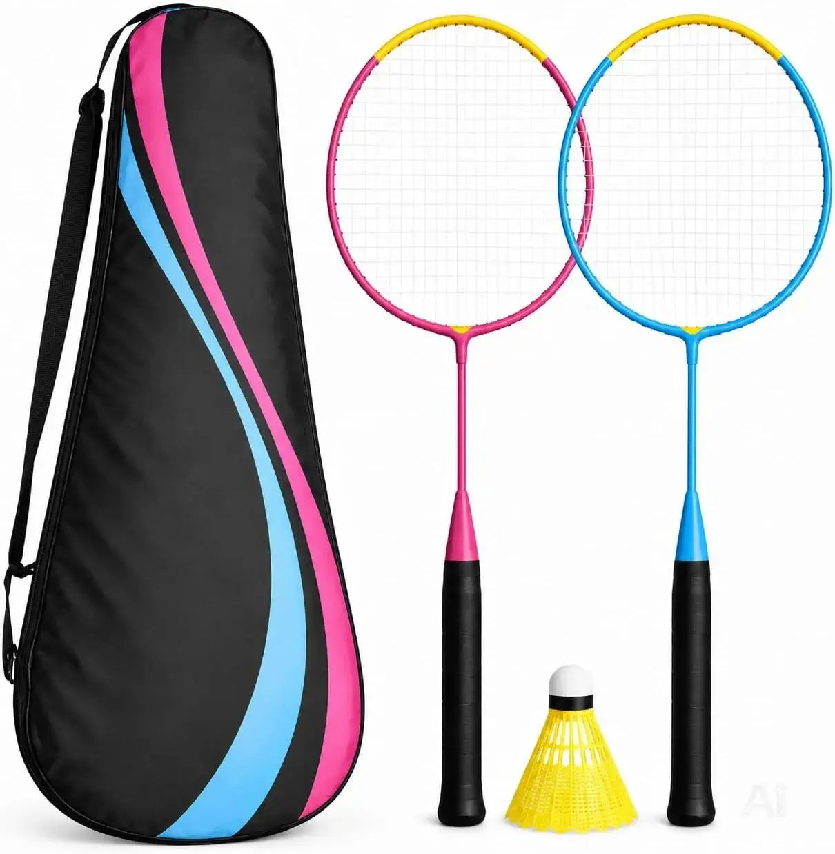 Badminton Set 2 Schläger - Erwachsene & Kinder mit Badmintonball & Schlägertasche – Freizeit Set für Garten & Strand (Kinder Set)