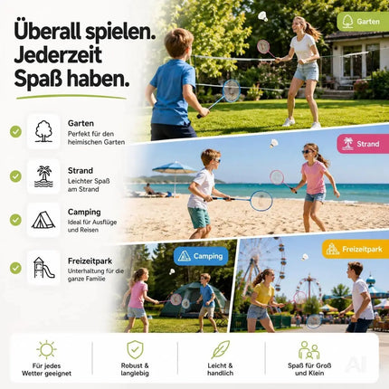 Badminton Set 2 Schläger - Erwachsene & Kinder mit Badmintonball & Schlägertasche – Freizeit Set für Garten & Strand (Kinder Set)