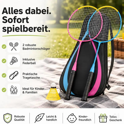 Badminton Set 2 Schläger - Erwachsene & Kinder mit Badmintonball & Schlägertasche – Freizeit Set für Garten & Strand (Kinder Set)