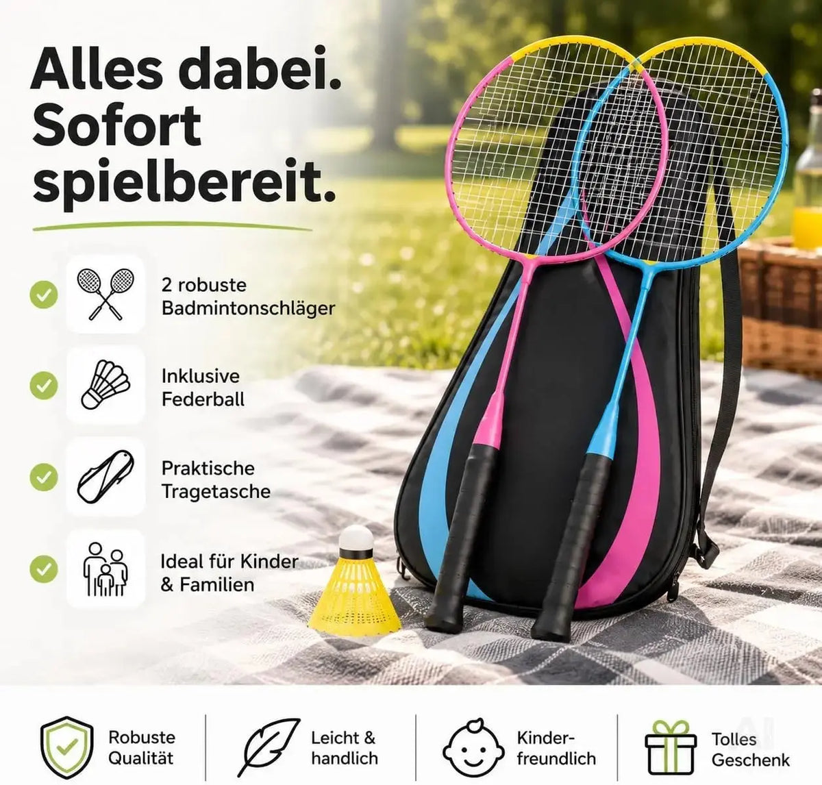 Badminton Set 2 Schläger - Erwachsene & Kinder mit Badmintonball & Schlägertasche – Freizeit Set – Detailansicht 6
