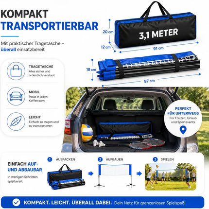 Badmintonnetz 3,1 m faltbar mit Tragetasche – Höhenverstellbares Sportnetz für Volleyball, Tennis, Federball & Outdoor-Spiele