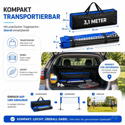 Badmintonnetz 3,1 m faltbar mit Tragetasche – Höhenverstellbares Sportnetz für Volleyball – Detailansicht 3