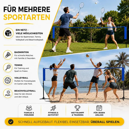 Badmintonnetz 3,1 m mit Tragetasche – Faltbares Freizeitnetz für Tennis, Volleyball, Beachvolleyball & Federball mit höhenverstellbarem Ständer