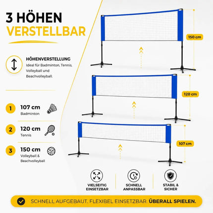 Badmintonnetz 3,1 m mit Tragetasche – Faltbares Freizeitnetz für Tennis, Volleyball, Beachvolleyball & Federball mit höhenverstellbarem Ständer