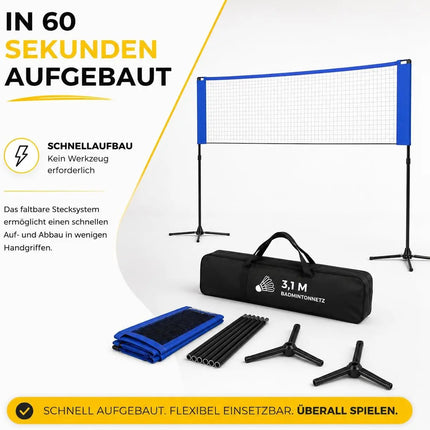 Badmintonnetz 3,1 m mit Tragetasche – Faltbares Freizeitnetz für Tennis, Volleyball, Beachvolleyball & Federball mit höhenverstellbarem Ständer