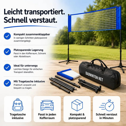 Badmintonnetz 3,1 m mit Tragetasche – Faltbares Freizeitnetz für Tennis, Volleyball, Beachvolleyball & Federball mit höhenverstellbarem Ständer