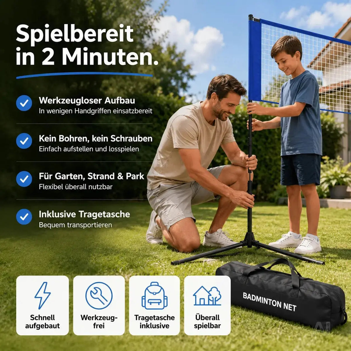 Badmintonnetz 3,1 m mit Tragetasche – Faltbares Freizeitnetz für Tennis, Volleyball – Detailansicht 6