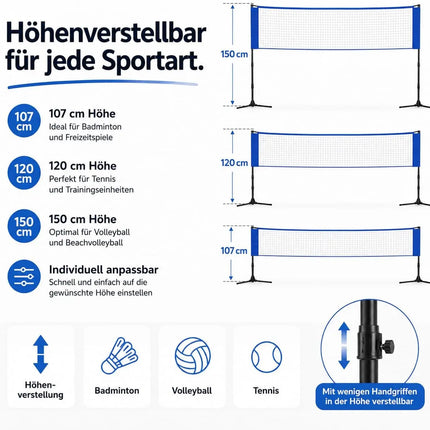 Badmintonnetz 3,1 m mit höhenverstellbarem Ständer & Tragetasche – Faltbares Sportnetz für Tennis, Volleyball, Beachvolleyball & Federball