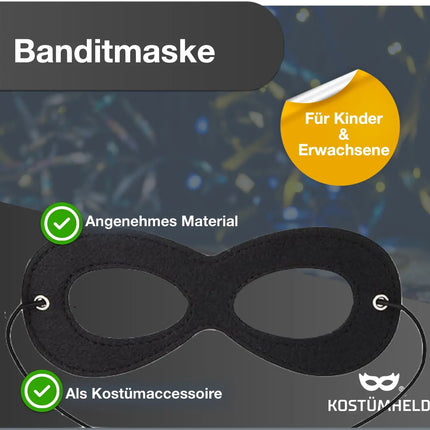 Bandit Fasching Augenmaske schwarz, Einbrecher Maske für Kinder & Erwachsene