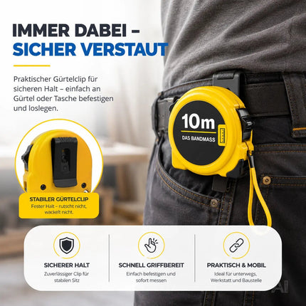 Bandmaß 10 Meter mit Halterung & Feststeller – robustes Maßband / Bandmass für präzises Messen, Rollmaßband & Massband mit Aufrollsystem (10 m)