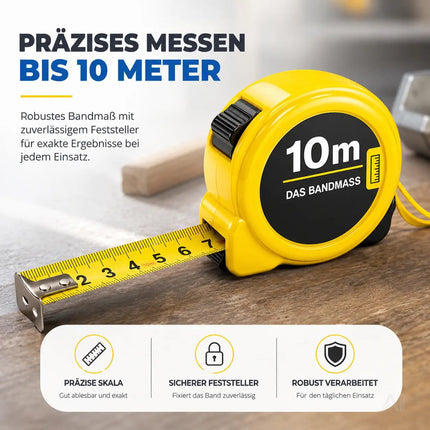 Bandmaß 10 Meter mit Halterung & Feststeller – robustes Maßband / Bandmass für präzises Messen, Rollmaßband & Massband mit Aufrollsystem (10 m)