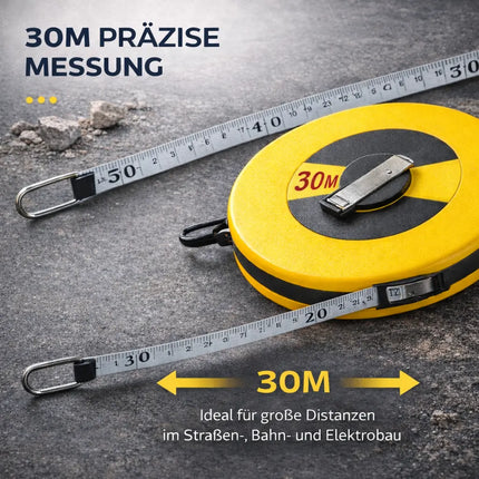 Bandmaß 30 Meter mit Halterung & Feststeller – robustes Maßband / Bandmass für präzises Messen, Rollmaßband & Massband mit Aufrollsystem (30 m)