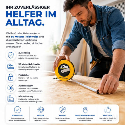 Bandmaß 30 Meter mit Halterung & Feststeller – robustes Maßband / Bandmass für präzises Messen, Rollmaßband & Massband mit Aufrollsystem (30 m)