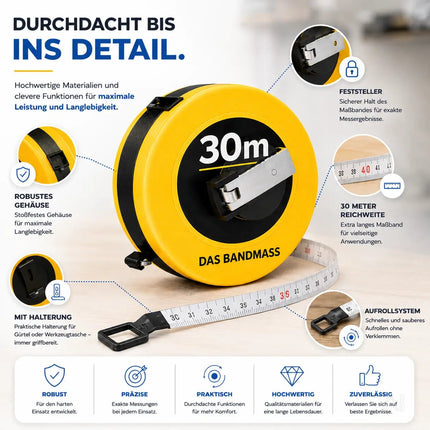 Bandmaß 30 Meter mit Halterung & Feststeller – robustes Maßband / Bandmass für präzises Messen, Rollmaßband & Massband mit Aufrollsystem (30 m)